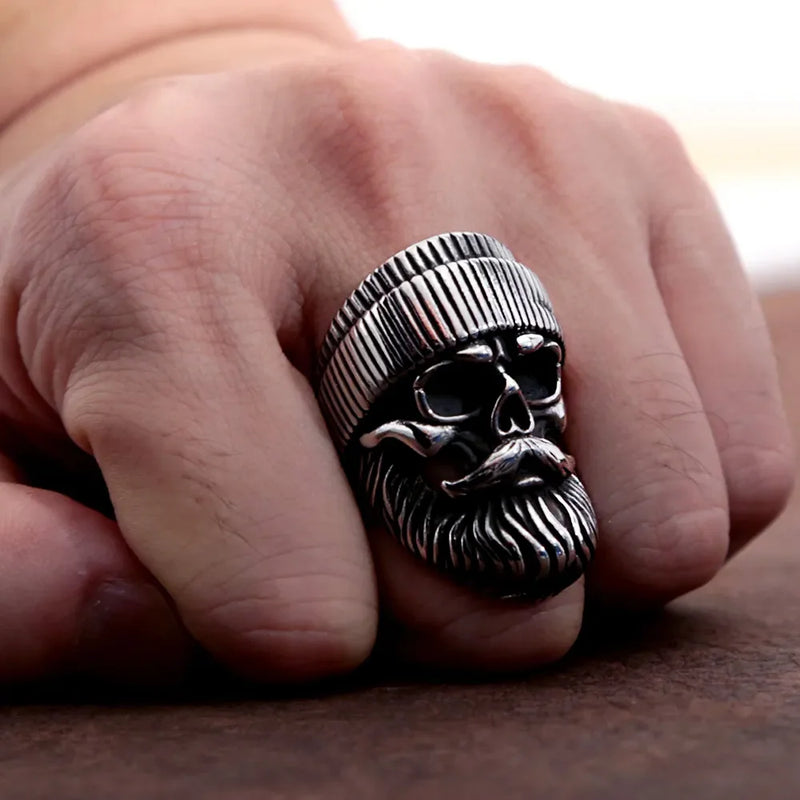 Anel Vintage Beard Skull Ring Stainless Steel Punk Biker Ring
